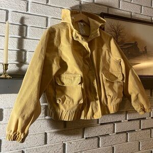 Yellow cotton bomber denim cropped jacket gold used condition pockets hood XS S